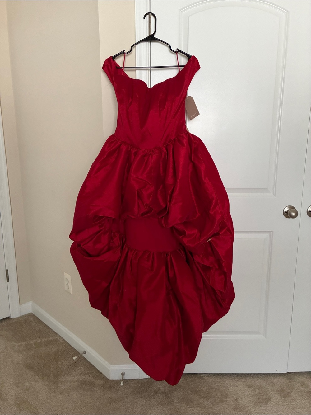 Meshki Red Off-Shoulder High-Low Ball Skirt; Meshki Amelia Bubble Maxi Dress